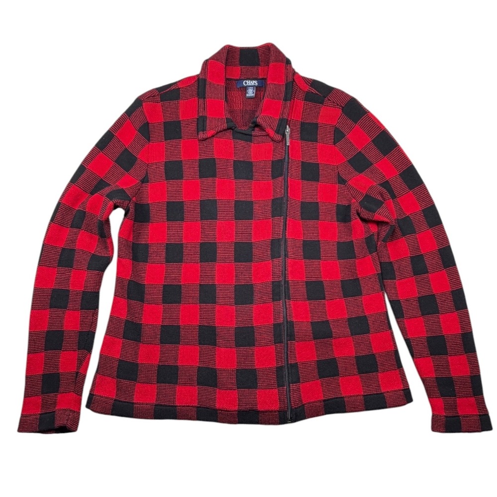 Chaps Full Zip Sweater Women Large Red Buffalo Plaid Asymmetrical Moto Knit